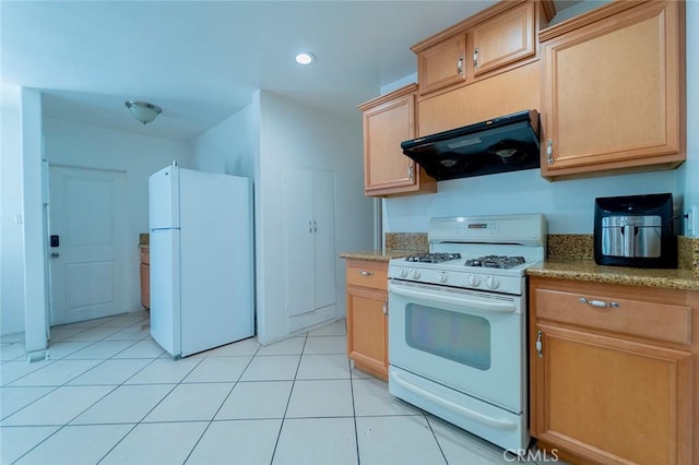 4124 Ivar Ave, Rosemead, CA 91770 - kitchen with white appliances, ventilation hood, light tile patterned floors, recessed lighting, and light brown cabinetry