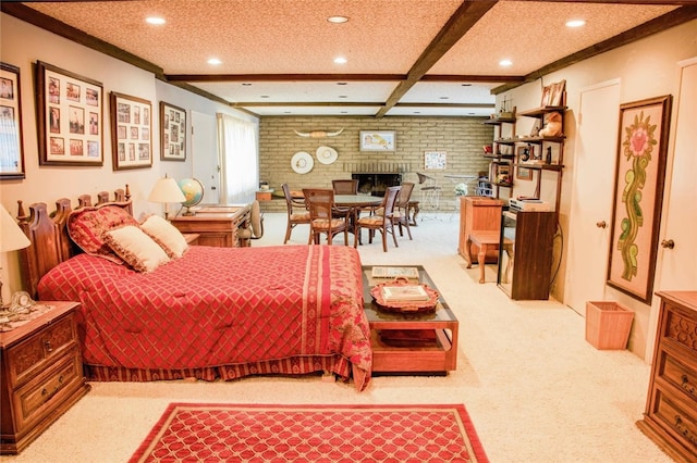 730 Saint James Pl, Newport Beach, CA 92663 - bedroom with carpet, recessed lighting, a brick fireplace, beamed ceiling, and a textured ceiling