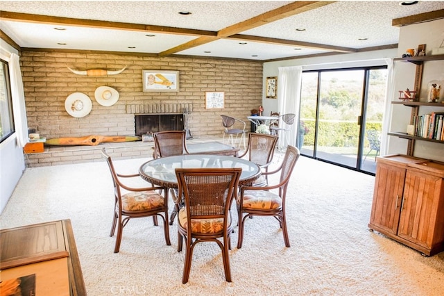 730 Saint James Pl, Newport Beach, CA 92663 - dining room featuring light carpet, beam ceiling, a textured ceiling, and a brick fireplace