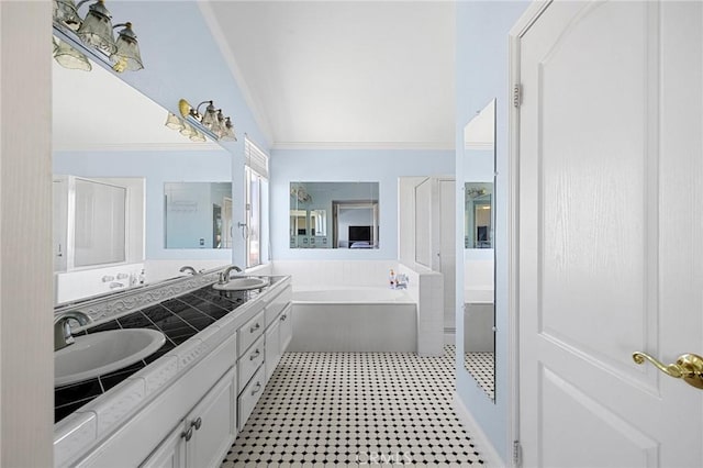 3143 Tourmaline Ln, Palmdale, CA 93550 - bathroom with a bath, double vanity, crown molding, and tile patterned floors