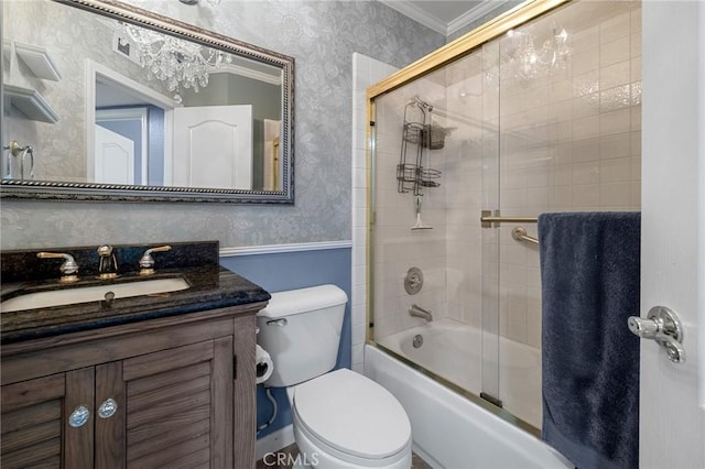 3143 Tourmaline Ln, Palmdale, CA 93550 - bathroom featuring wallpapered walls, combined bath / shower with glass door, crown molding, and vanity