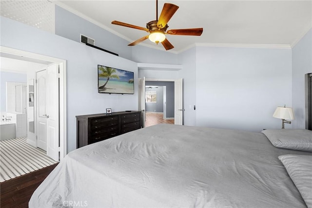 3143 Tourmaline Ln, Palmdale, CA 93550 - bedroom with crown molding, wood finished floors, a ceiling fan, and ensuite bath