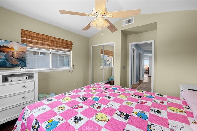3143 Tourmaline Ln, Palmdale, CA 93550 - bedroom with a closet, lofted ceiling, and a ceiling fan