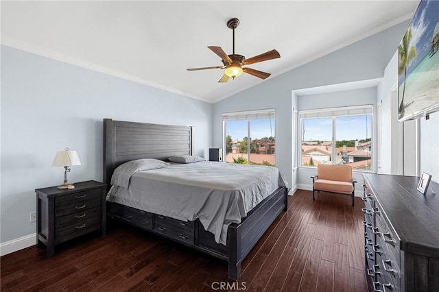 3143 Tourmaline Ln, Palmdale, CA 93550 - bedroom with lofted ceiling, crown molding, dark wood-style floors, and ceiling fan
