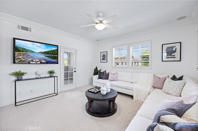 2175 Palmer Pl, Tustin, CA 92782 - carpeted living area with ceiling fan, ornamental molding, and plenty of natural light