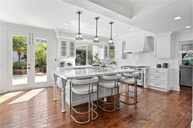 2175 Palmer Pl, Tustin, CA 92782 - kitchen with high end stainless steel range, premium range hood, light countertops, dark wood-style flooring, and crown molding