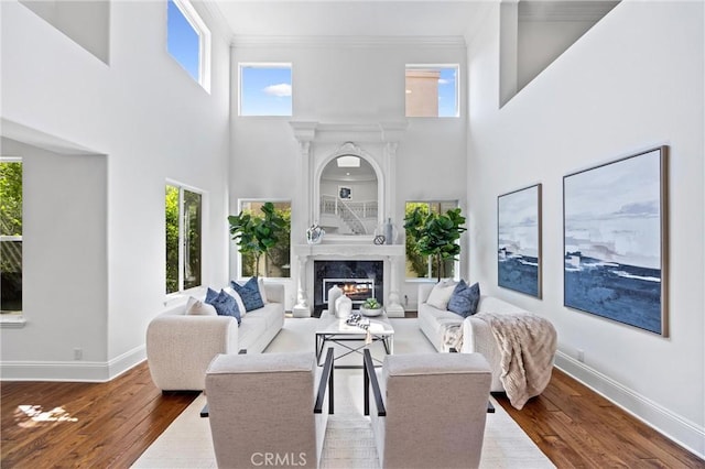 2175 Palmer Pl, Tustin, CA 92782 - living room featuring crown molding, plenty of natural light, hardwood / wood-style flooring, a fireplace, and a high ceiling