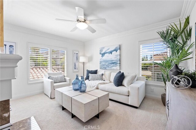 2175 Palmer Pl, Tustin, CA 92782 - living room featuring a ceiling fan, light colored carpet, and ornamental molding
