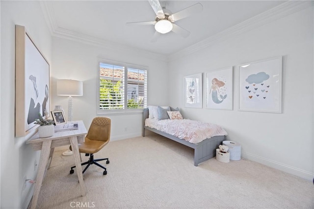 2175 Palmer Pl, Tustin, CA 92782 - carpeted bedroom featuring ornamental molding, a desk, and a ceiling fan