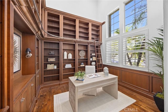 2175 Palmer Pl, Tustin, CA 92782 - office with dark wood-style floors, plenty of natural light, a high ceiling, and wainscoting