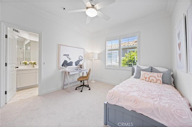 2175 Palmer Pl, Tustin, CA 92782 - bedroom with light colored carpet, crown molding, ensuite bath, a desk, and a ceiling fan