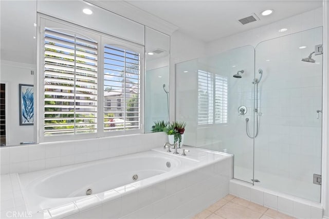 2175 Palmer Pl, Tustin, CA 92782 - bathroom featuring a stall shower, a tub with jets, tile patterned flooring, and crown molding