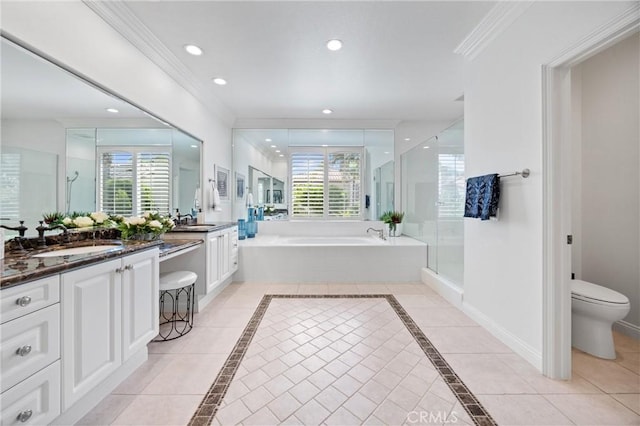 2175 Palmer Pl, Tustin, CA 92782 - full bath with inlaid floor details, vanity, plenty of natural light, a bath, and crown molding
