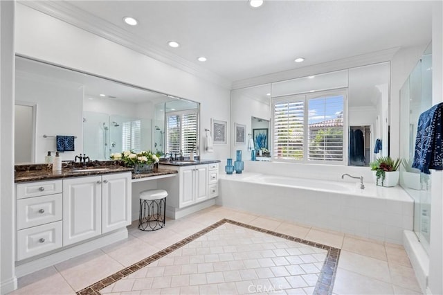 2175 Palmer Pl, Tustin, CA 92782 - full bathroom featuring a garden tub, vanity, plenty of natural light, ornamental molding, and recessed lighting
