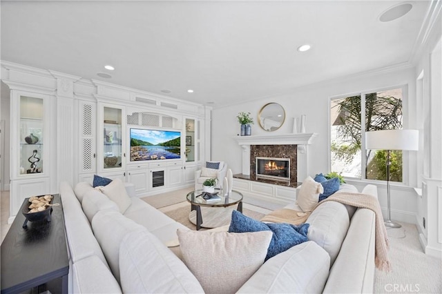 2175 Palmer Pl, Tustin, CA 92782 - living area featuring crown molding, carpet, recessed lighting, and a fireplace