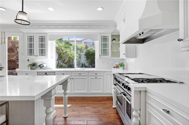2175 Palmer Pl, Tustin, CA 92782 - kitchen featuring premium range hood, range with two ovens, wood-type flooring, light countertops, and crown molding