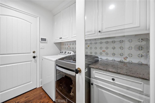 2175 Palmer Pl, Tustin, CA 92782 - laundry room with cabinet space, washer and dryer, and dark wood-style flooring