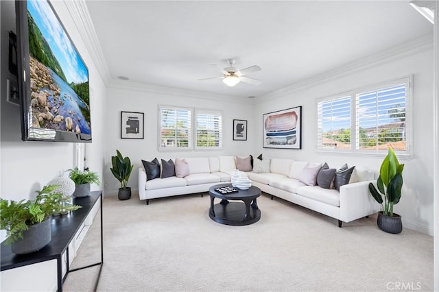 2175 Palmer Pl, Tustin, CA 92782 - carpeted living area with ceiling fan and ornamental molding