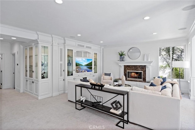 2175 Palmer Pl, Tustin, CA 92782 - living room featuring ornamental molding, a fireplace, light carpet, and recessed lighting