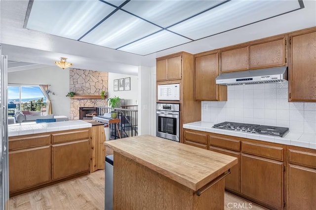 2433 S Gaffey St, San Pedro, CA 90731 - kitchen featuring appliances with stainless steel finishes, under cabinet range hood, tasteful backsplash, light wood-style flooring, and a fireplace