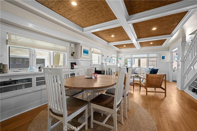 6025 E Ocean Blvd, Long Beach, CA 90803 - dining area with coffered ceiling, light wood-style floors, crown molding, beamed ceiling, and recessed lighting