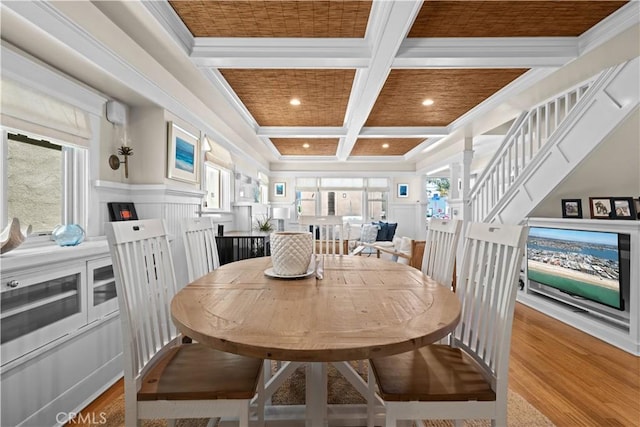 6025 E Ocean Blvd, Long Beach, CA 90803 - dining room featuring coffered ceiling, healthy amount of natural light, beam ceiling, wood finished floors, and crown molding