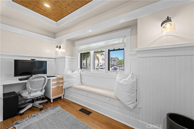 6025 E Ocean Blvd, Long Beach, CA 90803 - office area featuring a wainscoted wall, crown molding, a tray ceiling, and wood finished floors