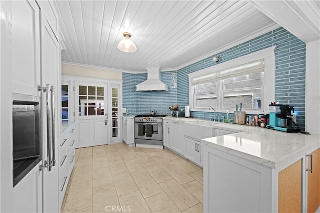 6025 E Ocean Blvd, Long Beach, CA 90803 - kitchen featuring high end range, premium range hood, a peninsula, ornamental molding, and white cabinets