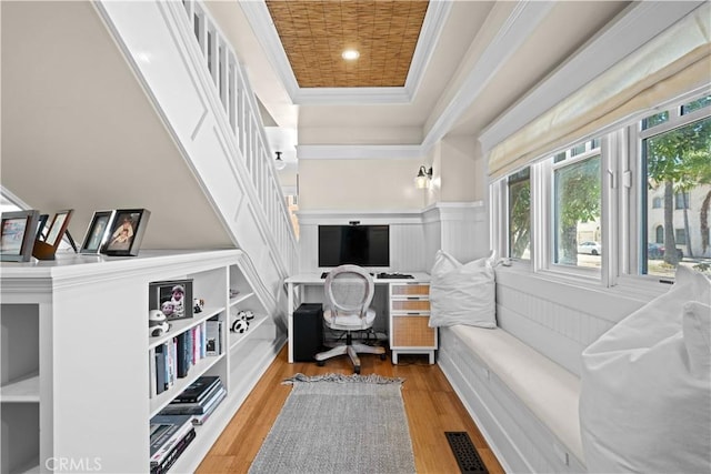 6025 E Ocean Blvd, Long Beach, CA 90803 - home office with crown molding, wood finished floors, and wainscoting