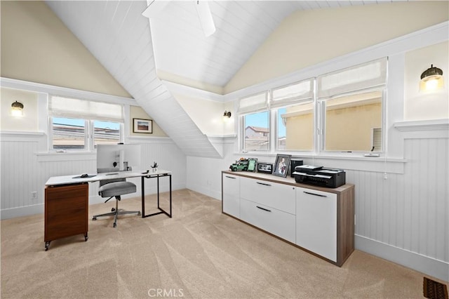 6025 E Ocean Blvd, Long Beach, CA 90803 - home office featuring vaulted ceiling, light colored carpet, and a wainscoted wall