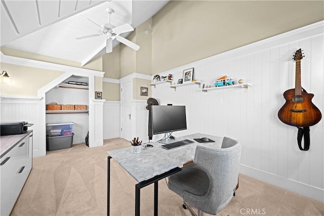 6025 E Ocean Blvd, Long Beach, CA 90803 - office area featuring light colored carpet, a ceiling fan, a decorative wall, wainscoting, and lofted ceiling