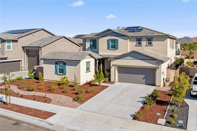 32084 Richardson St, Menifee, CA 92584 - traditional-style home featuring stucco siding, a garage, concrete driveway, roof mounted solar panels, and a residential view