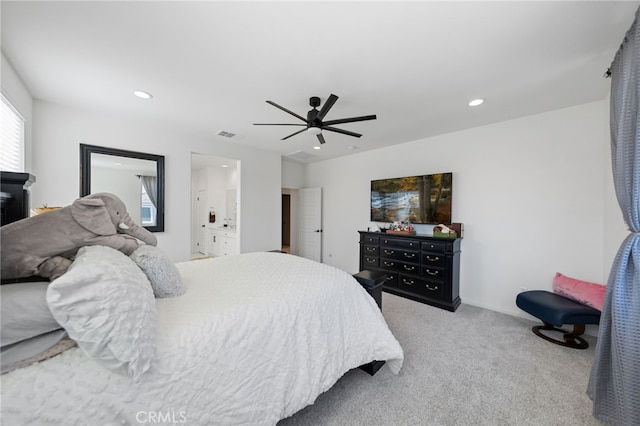 32084 Richardson St, Menifee, CA 92584 - carpeted bedroom featuring recessed lighting, ceiling fan, and ensuite bathroom