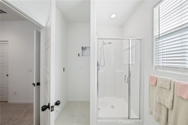 32084 Richardson St, Menifee, CA 92584 - bathroom with a stall shower and marble look tile flooring