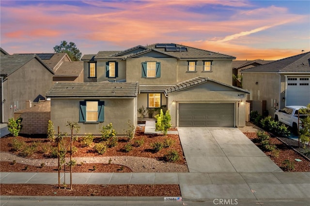 32084 Richardson St, Menifee, CA 92584 - traditional-style home with concrete driveway, solar panels, and stucco siding