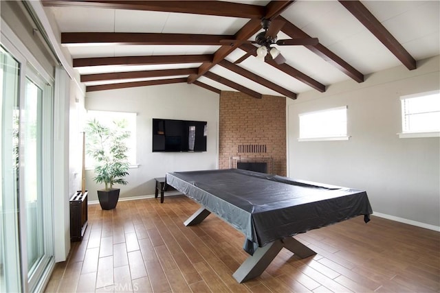 45011 16th St W, Lancaster, CA 93534 - recreation room with a ceiling fan, billiards, a fireplace, and wood finished floors