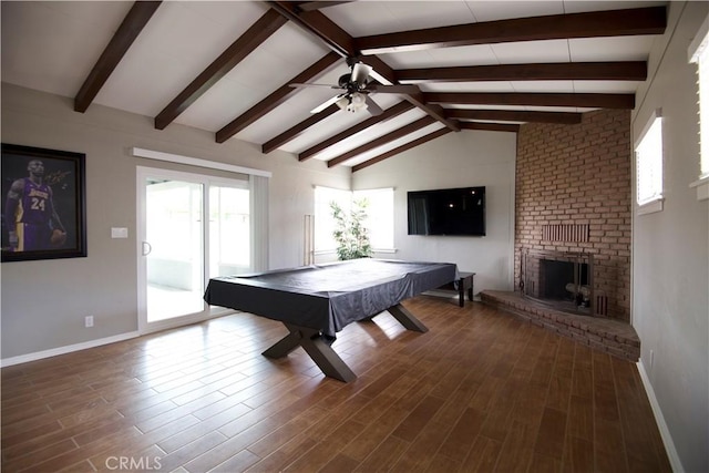 45011 16th St W, Lancaster, CA 93534 - rec room featuring ceiling fan, pool table, a brick fireplace, and wood finished floors