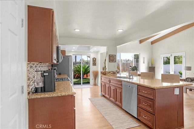 12674 Metate Ln, Poway, CA 92064 - kitchen featuring dishwasher, light wood finished floors, tasteful backsplash, french doors, and light stone counters