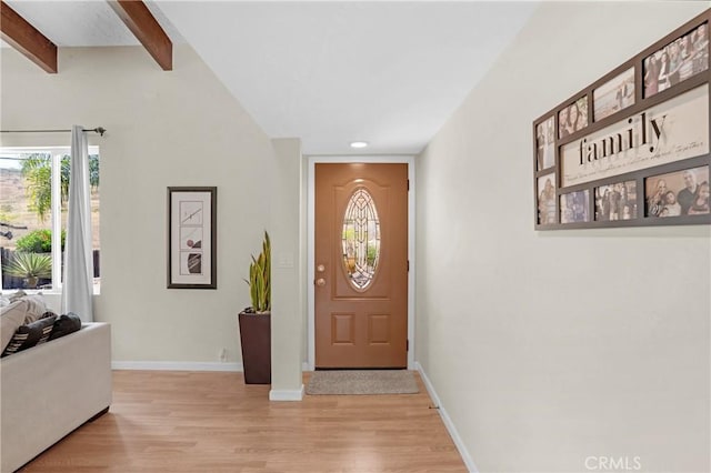 12674 Metate Ln, Poway, CA 92064 - entrance foyer with light wood finished floors, beam ceiling, and recessed lighting