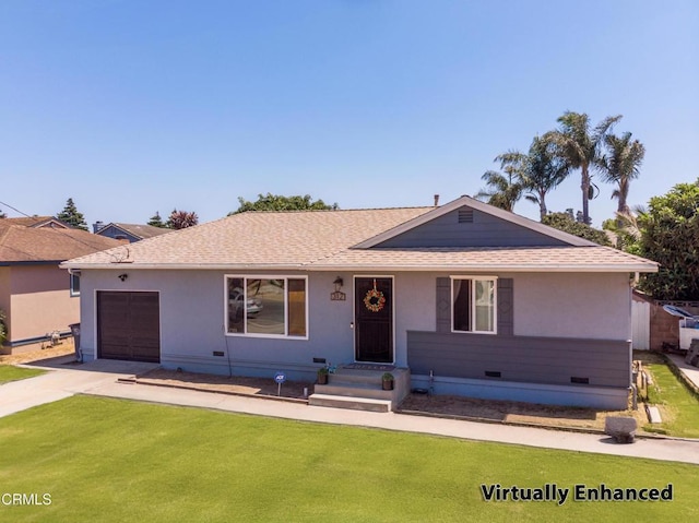 312 Lafayette Dr, Oxnard, CA 93036 - ranch-style home featuring driveway, a garage, crawl space, a shingled roof, and a front lawn