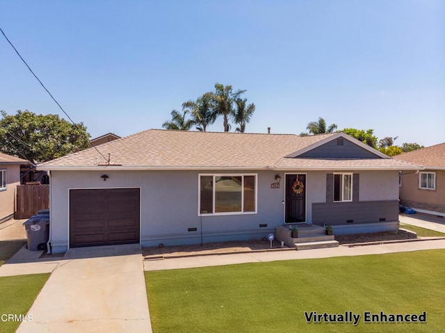 312 Lafayette Dr, Oxnard, CA 93036 - ranch-style home with an attached garage, roof with shingles, driveway, crawl space, and stucco siding