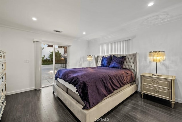 11209 Forbes Ave, Granada Hills, CA 91344 - bedroom with access to outside, dark wood-type flooring, recessed lighting, and crown molding
