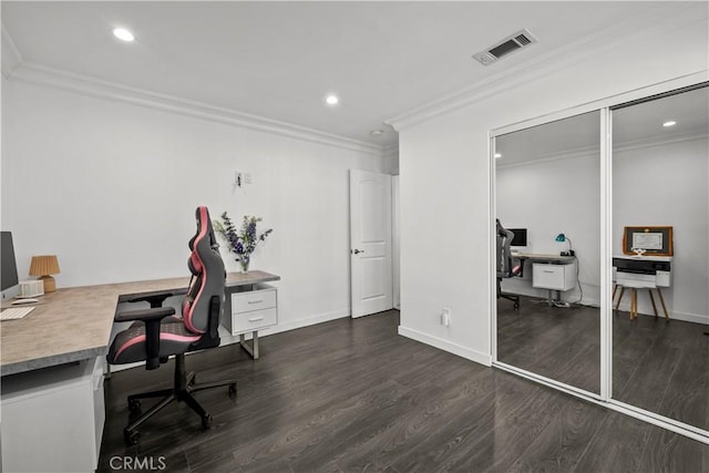 11209 Forbes Ave, Granada Hills, CA 91344 - office area featuring crown molding, dark wood finished floors, and recessed lighting