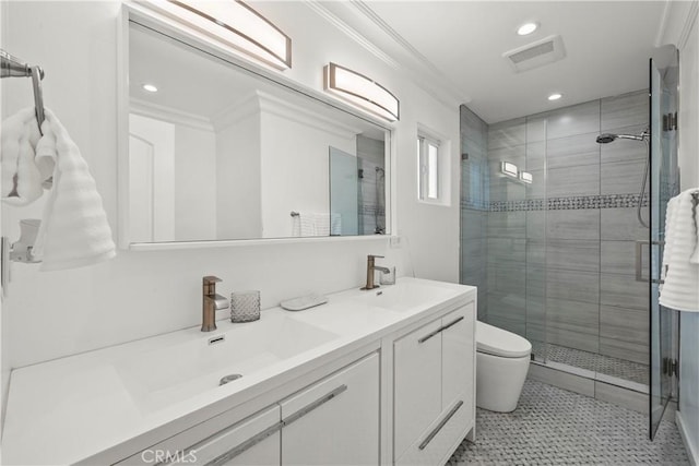 11209 Forbes Ave, Granada Hills, CA 91344 - full bath with ornamental molding, a shower stall, double vanity, and recessed lighting