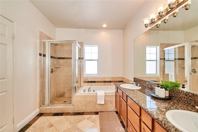 717 Arcadia Ave Unit C, Arcadia, CA 91007 - bathroom with a garden tub, double vanity, a shower stall, and recessed lighting