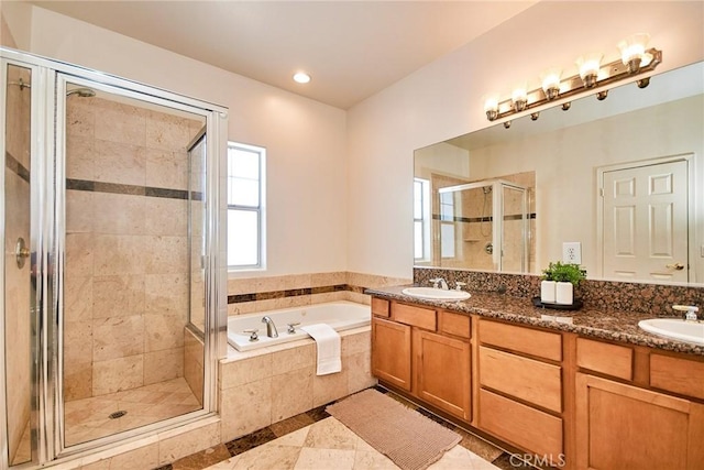 717 Arcadia Ave Unit C, Arcadia, CA 91007 - full bath featuring a bath, a stall shower, double vanity, and recessed lighting