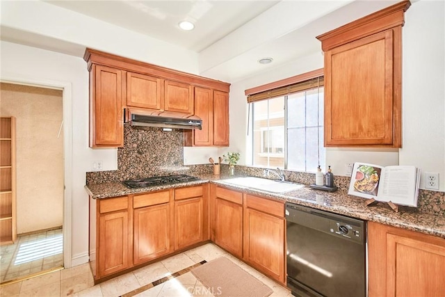 717 Arcadia Ave Unit C, Arcadia, CA 91007 - kitchen with black dishwasher, gas cooktop, under cabinet range hood, dark stone counters, and tasteful backsplash