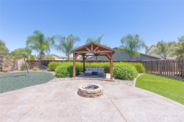 31572 Via Del Paso, Winchester, CA 92596 - fenced backyard featuring an outdoor living space with a fire pit, a gazebo, and a patio