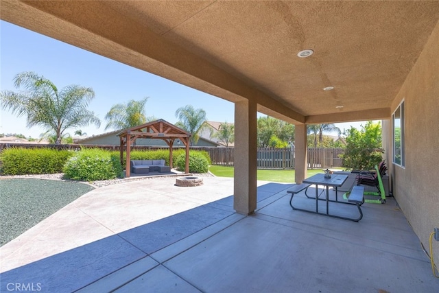 31572 Via Del Paso, Winchester, CA 92596 - fenced backyard featuring an outdoor living space with a fire pit, a patio area, and a gazebo