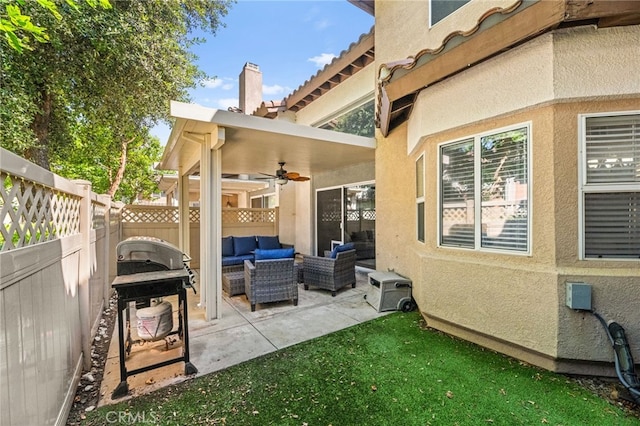 3732 Calle Monada, Riverside, CA 92503 - fenced backyard featuring outdoor lounge area, a ceiling fan, a patio, and a grill